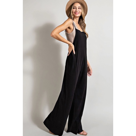 SOLD OUT Comfy Black Open Back Knit Wide Leg Boho Overalls Casual Solid Women's - Picture 4 of 6